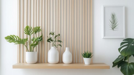 Minimalist interior with a wooden slat wall, floating shelf, and potted plants. Clean, bright, and natural aesthetic