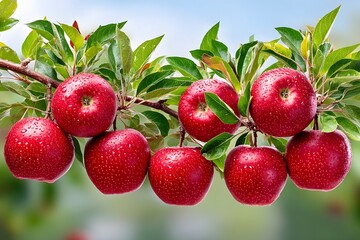 Ripe red apples on a branch with green leaves, glistening with water droplets against a blurred background