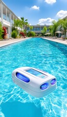 Robotic pool cleaner floats in a pristine resort pool