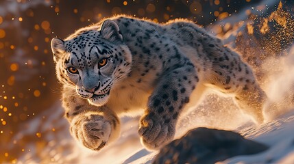 A majestic snow leopard in motion across a snowy landscape.