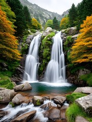 Serene double waterfall cascading into a pool, surrounded by vibrant autumn foliage and rocky terrain
