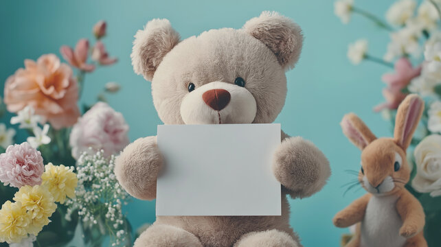 ぬいぐるみのくまが白いメッセージカードを持って気持ちを伝えるイメージ｜祝福・ギフト・誕生日・記念日・愛らしいシーンのストックフォト素材