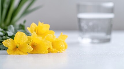 Delicate yellow flowers with water droplets,  fresh and vibrant, on a white surface with a glass of water