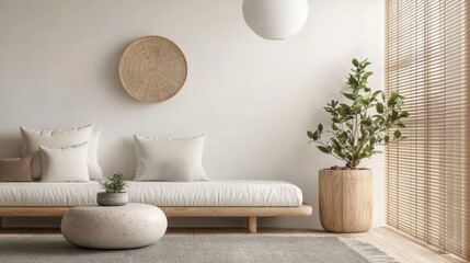 Minimalist living room with a neutral palette, featuring a low sofa, woven textures, and natural light filtering through bamboo blinds. Serene and inviting