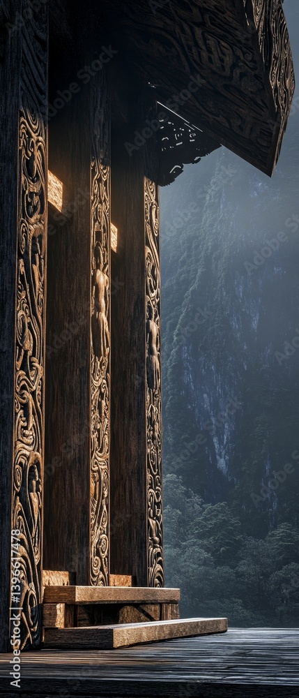 Poster stone pillars with a dark background suggest ancient architecture or a temple.