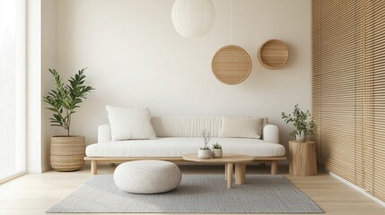 Minimalist living room with a light-toned sofa, wooden accents, and natural textures. Warm, inviting, and serene aesthetic
