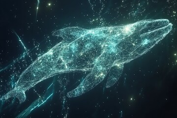 Fototapeta premium Digital whale in space, lights and dots. Tech metaphor for marine biology and data analysis