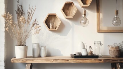 Rustic wooden shelf displays dried florals, glass jars, and vintage kitchenware against a textured white wall with hexagonal shelves