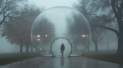Transparent bubble umbrella with raindrops held by a person walking through a serene, misty park