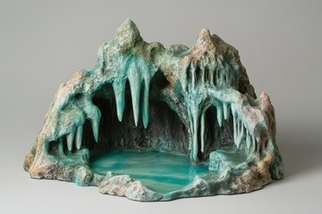 A painted sculpture depicting a cave with stalactites and a pool