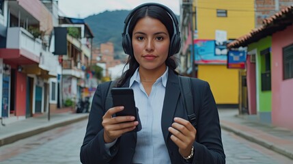 Business woman using headphones and smartphone in city urban environment professional lifestyle