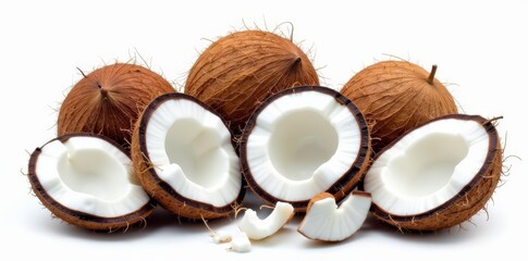 Assortment of whole and halved coconuts isolated on a white surface, vegan, fruitful