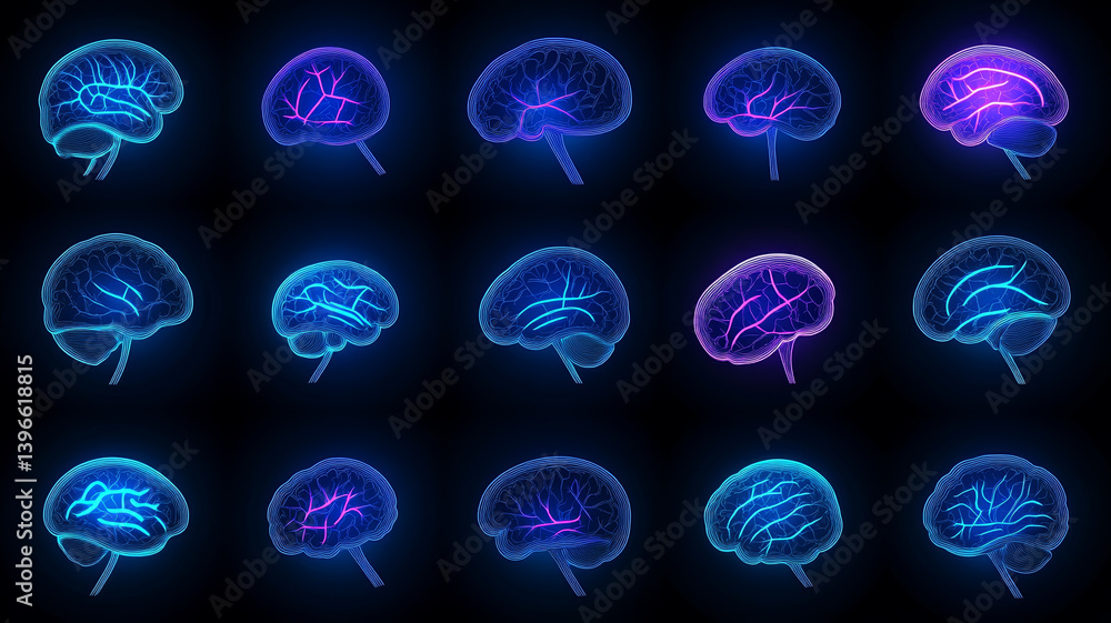 Poster neon brain illustrations in various colors and designs create vibrant visual display