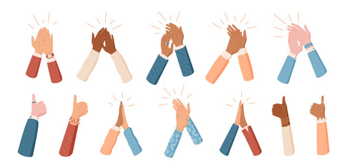 Set of flat hands clapping in group celebration. Applaud actions show gesture of support and unity. Cartoon art concept highlights people together, ideal for teamwork or cheerful moments.