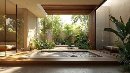 Fototapeta premium Serene Biophilic Home Design Featuring Indoor Pool and Lush Greenery in Modern Interior Space