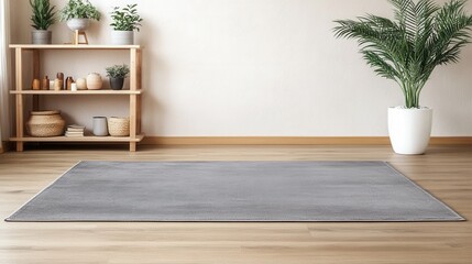 Minimalist interior with a gray area rug, a wooden bookshelf displaying decor, and a large potted...