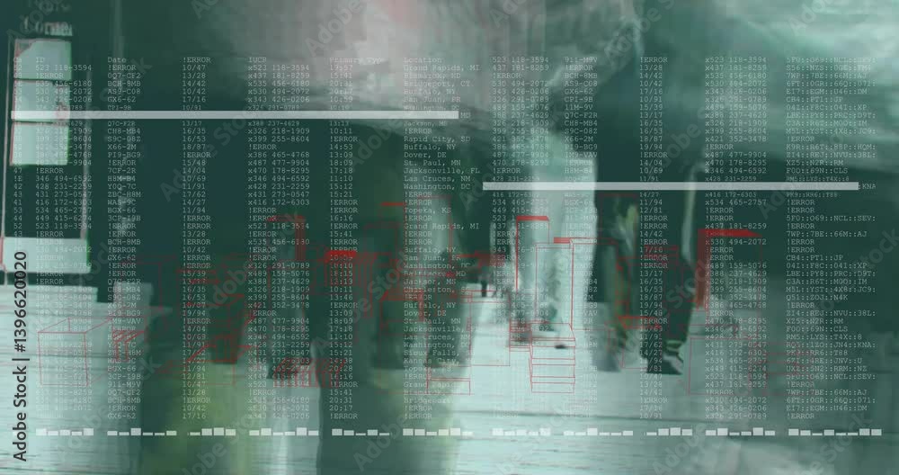 Poster walking in city, people with data processing animation overlay in background