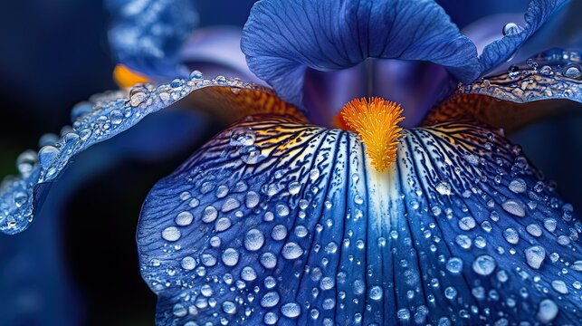 A close-up of a vibrant blue iris flower covered in dew drops.