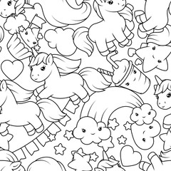 Pattern with unicorns. Happy birthday party background.