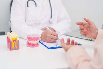 Elderly Patient consulting Dentist to Tooth disease, Senior Health Medical Diagnosis. Anatomy teeth...
