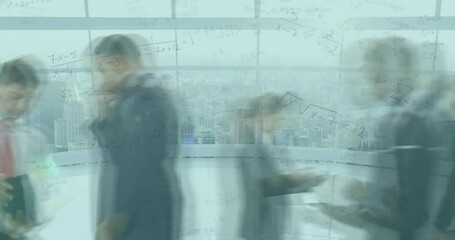 In office, animation of mathematical equations overlaying people walking in background - Powered by Adobe