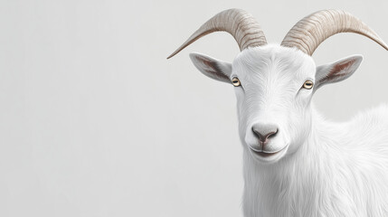 Banner with illustration of white goat with curved horns, soft fur with realistic shading details, white background