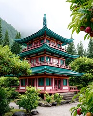 Vibrant pagoda nestled in lush green foliage, mountains in background