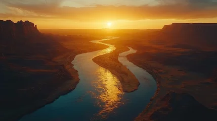 Fototapeten A winding river snaking through a desert landscape at golden sunset. © nando