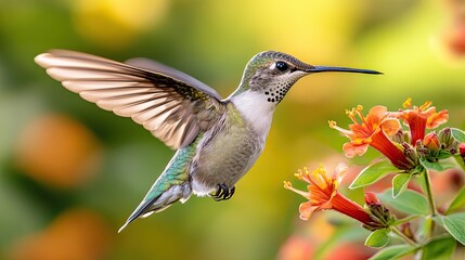 Fototapeta premium A hummingbird in flight, hovering near vibrant orange flowers.