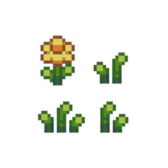 Obraz premium 8-bit flower and grass pixel art icon set. Design for logo flower shop, sticker, stamp, web, mobile app, badges and patches. Video game sprite. Isolated vector.