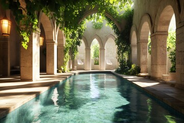 Fototapeta premium Tranquil indoor swimming pool in ancient cloister reflecting sunlight