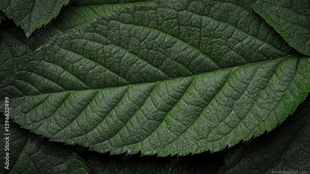 Poster detailed glossy green leaf close up with veins texture and subtle sparkle creating a natural pattern