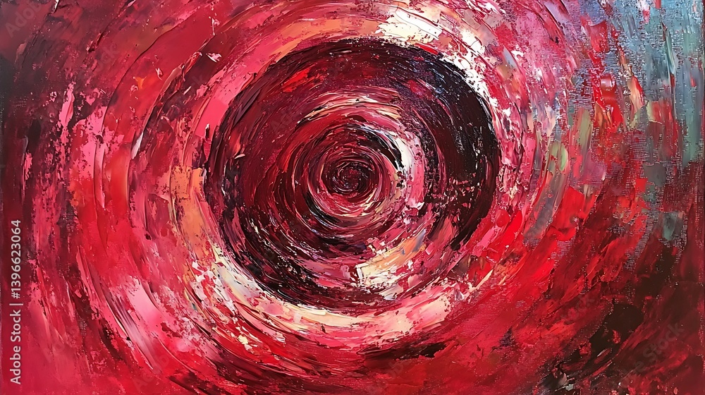 Poster abstract swirling red vortex painting with textured layers, evoking motion and depth in a vibrant ba