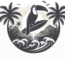 Tropical island beach with palm trees and sunset illustration