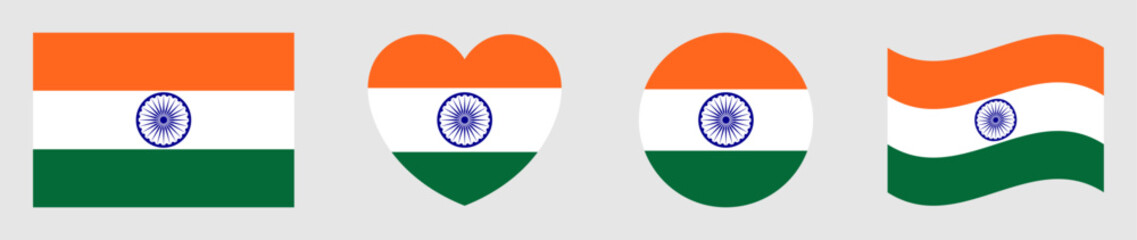 Set of india flags isolated. Indian flags set in square, circle, waving flag and heart shape icons various designs element. Indian flags collection different style. Vector illustration.