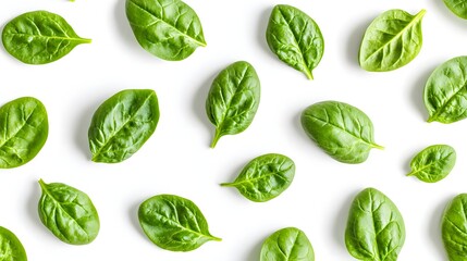 Obraz premium Fresh Spinach Leaves Pattern on White Background for Culinary Use