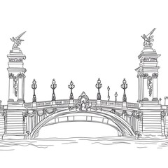 Fototapeta premium Line drawing of an elegant bridge with ornate details and sculptures.
