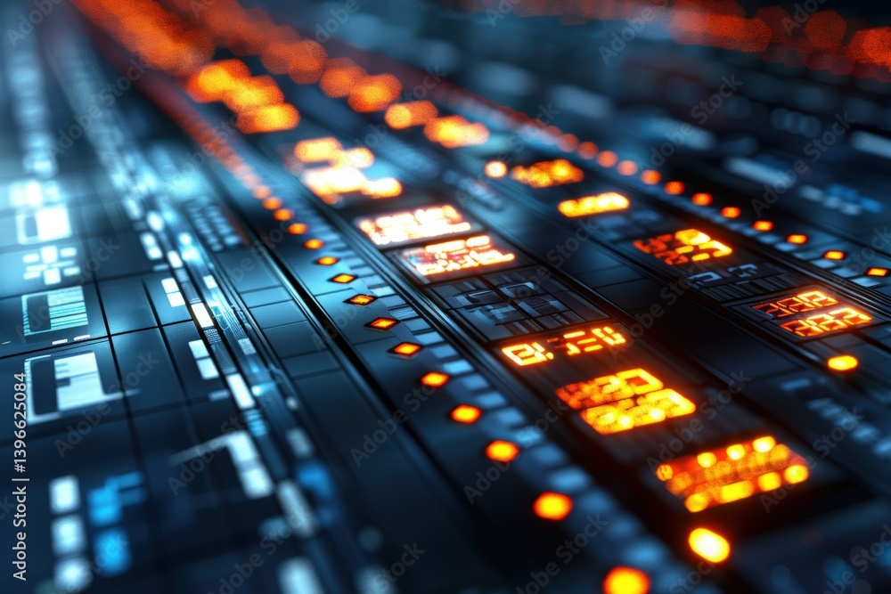 Poster futuristic circuit board with glowing lights and intricate patterns.