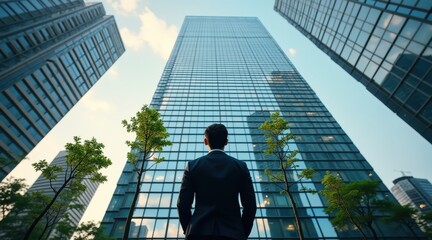 Fototapeta premium A businessman stands in front of towering skyscrapers, surrounded by greenery, reflecting ambition and modern urban life.