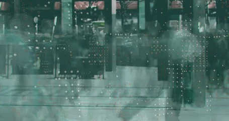 People walking in busy urban area with digital data overlay animation - Powered by Adobe