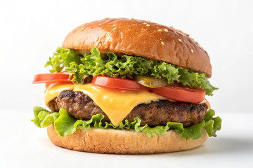 A classic cheeseburger with lettuce and tomato isolated on a white background, perfect for food lovers