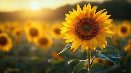 Obraz premium A vibrant sunflower in a field at sunset.