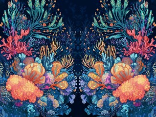 Symmetrical illustration of coral reef with colorful plants and marine life underwater.