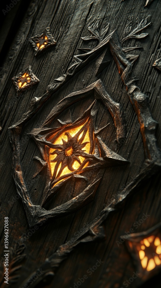 Poster abstract dark textured background with a bright glowing geometric center element.