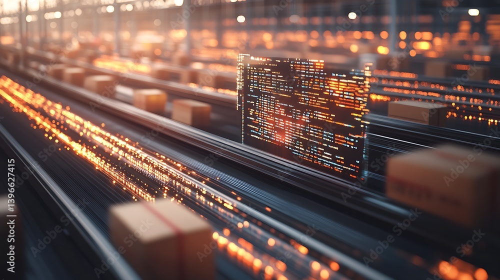 Poster automated warehouse with glowing conveyor belts transporting packages amidst digital screens display