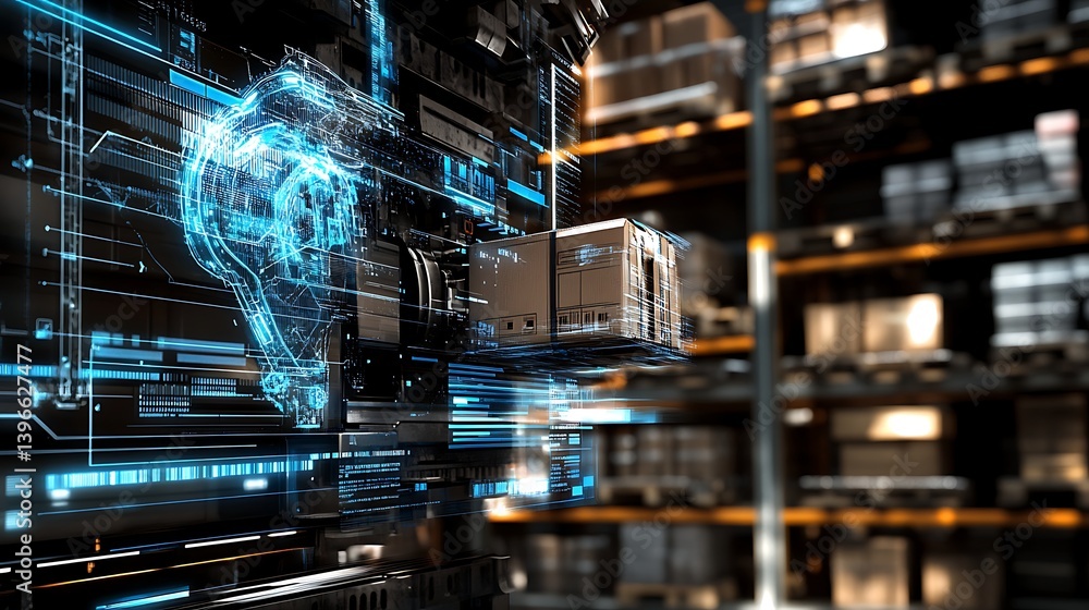 Aufkleber futuristic warehouse showcasing advanced technology with glowing interfaces and robotic elements