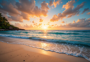 Obraz premium The Ocean Waves Gently Roll Onto A Sandy Beach At Sunset, With Palm Trees, Relaxation, Paradise