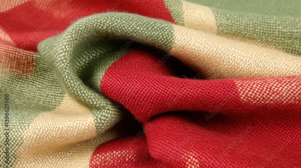 Poster detailed macro of red green and beige checkered fabric folds with textured surface and soft lighting