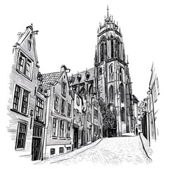 Monochrome sketch of European church and street.