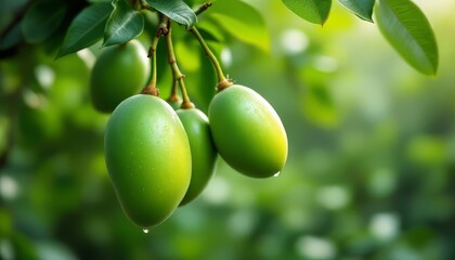 Green Fruit Hanging on Branch with Water Droplets in Nature